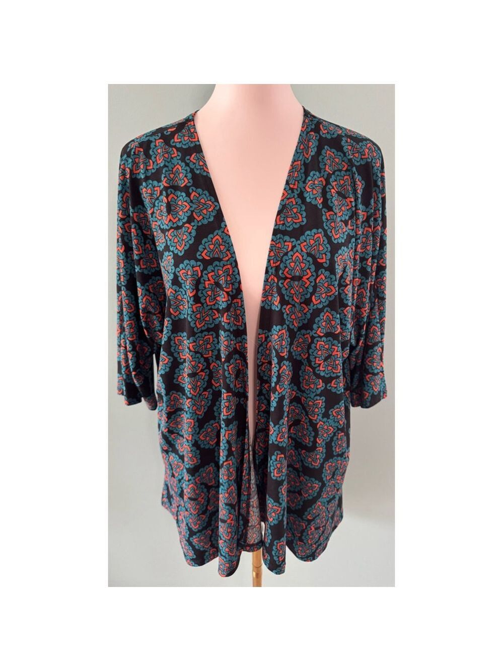 Women's LuLaRoe Kimono Cardigan Size S Black Teal Floral Print